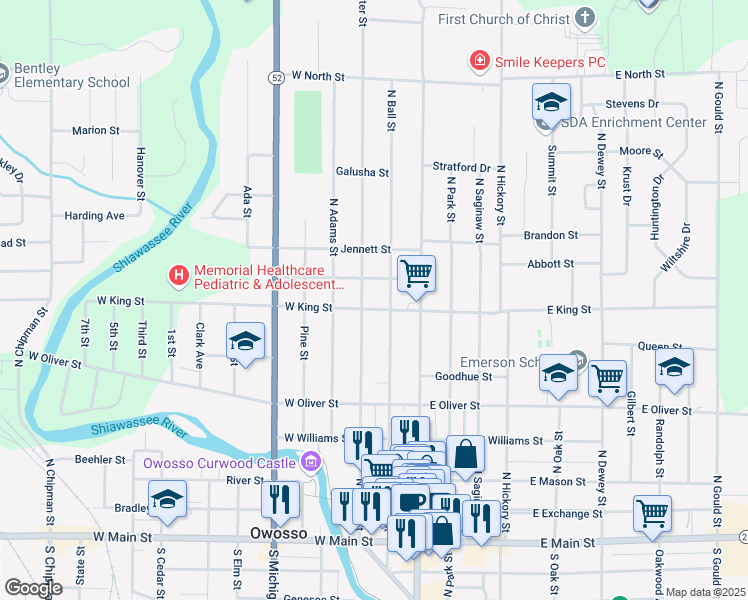 map of restaurants, bars, coffee shops, grocery stores, and more near 210 West King Street in Owosso