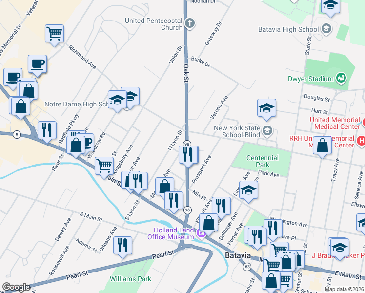 map of restaurants, bars, coffee shops, grocery stores, and more near 63 Oak Street in Batavia