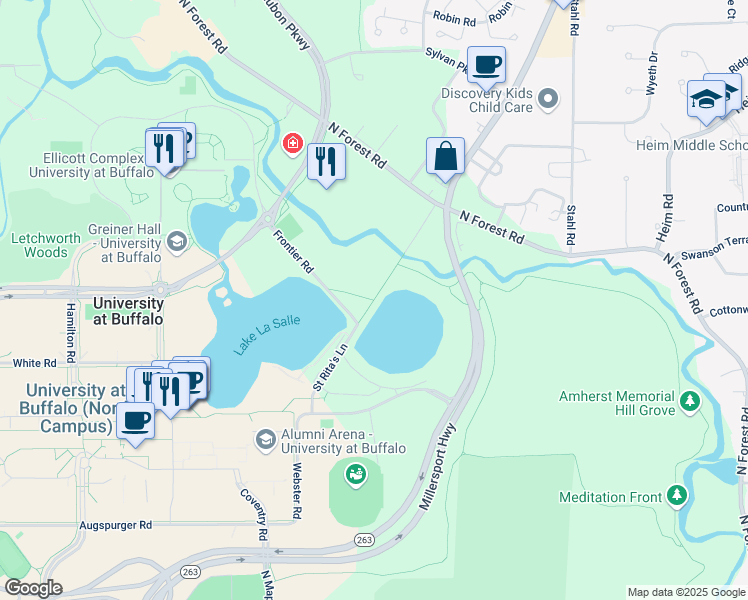 map of restaurants, bars, coffee shops, grocery stores, and more near Saint Rita's Lane in Buffalo