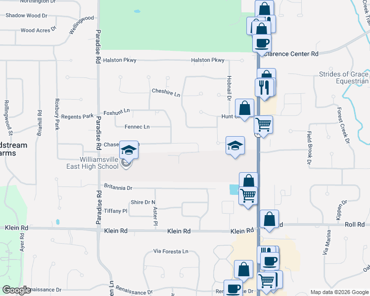 map of restaurants, bars, coffee shops, grocery stores, and more near 173 Chasewood Lane in East Amherst