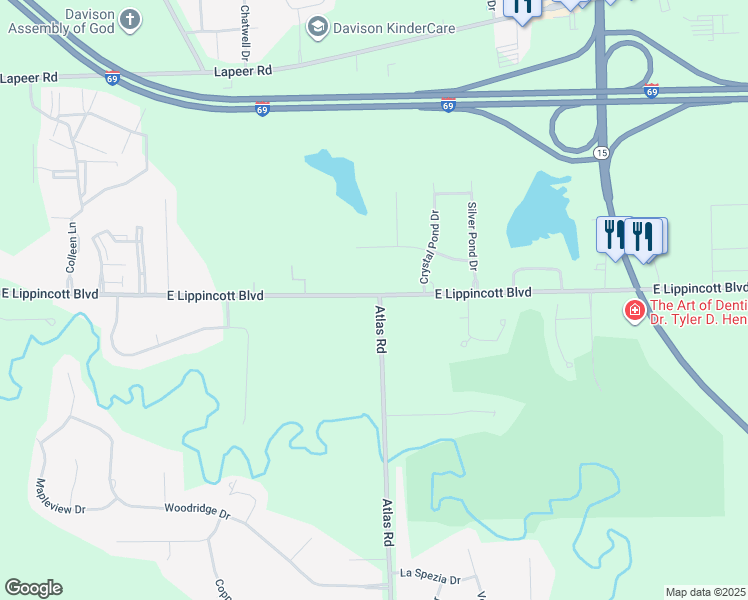 map of restaurants, bars, coffee shops, grocery stores, and more near 9245 East Lippincott Boulevard in Davison