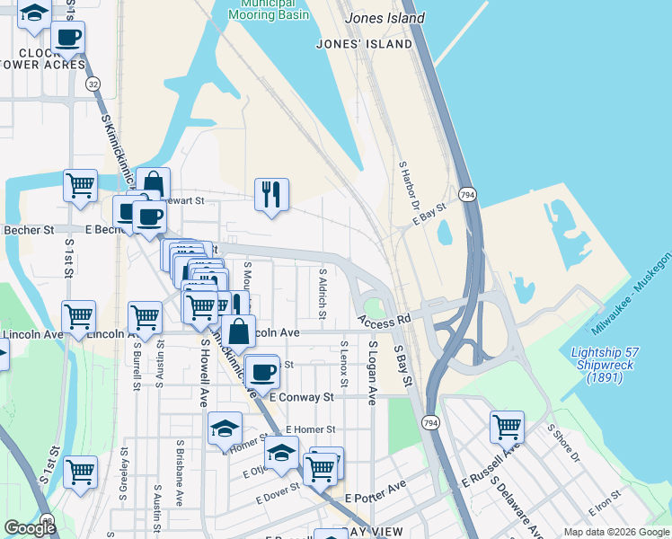map of restaurants, bars, coffee shops, grocery stores, and more near 2123 South Lenox Street in Milwaukee
