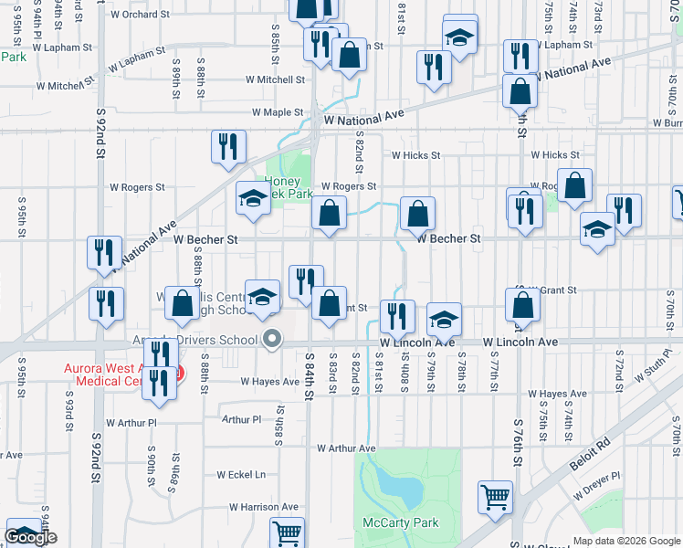 map of restaurants, bars, coffee shops, grocery stores, and more near 2157 South 82nd Street in West Allis