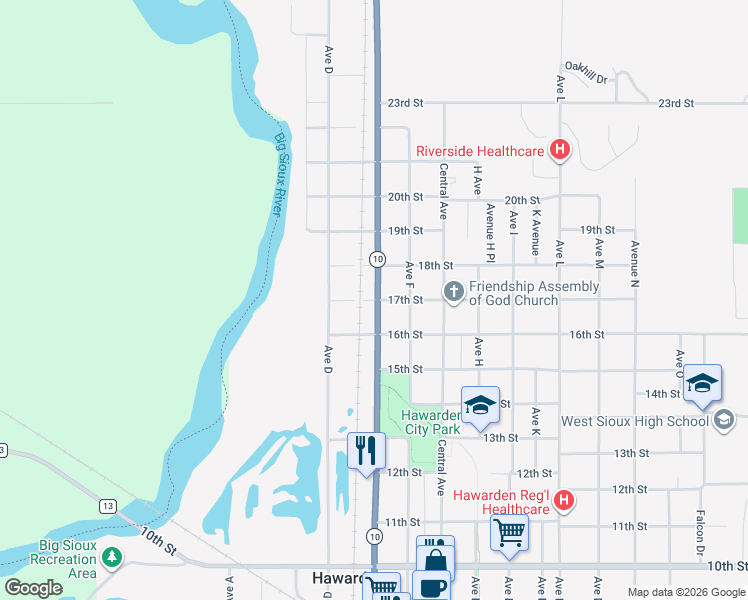 map of restaurants, bars, coffee shops, grocery stores, and more near 500-598 17th Street in Hawarden