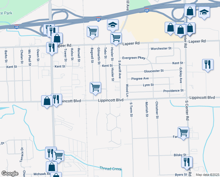 map of restaurants, bars, coffee shops, grocery stores, and more near 2025 Tebo Street in Flint