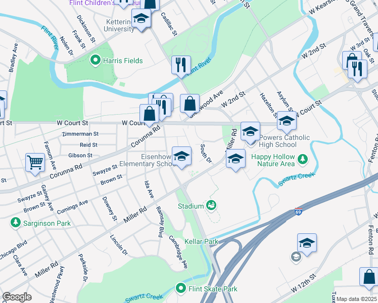 map of restaurants, bars, coffee shops, grocery stores, and more near 1109 Christopher Street in Flint
