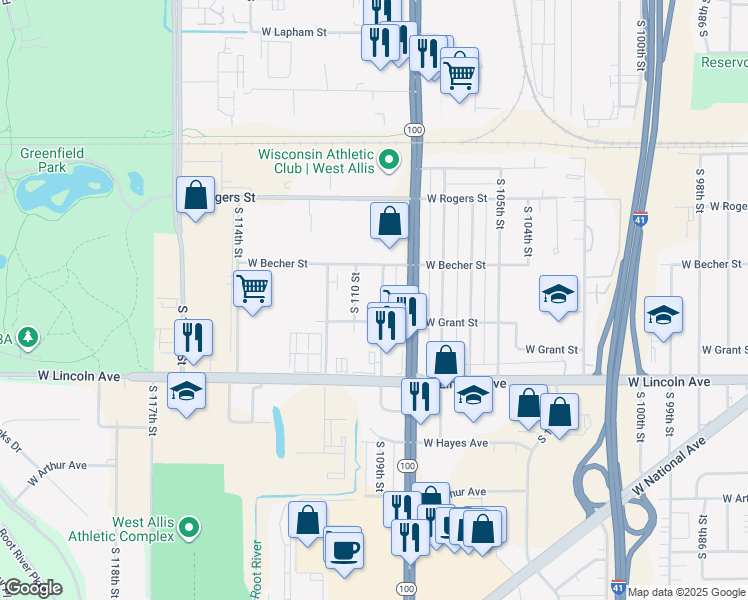 map of restaurants, bars, coffee shops, grocery stores, and more near 2157 South 109th Street in West Allis