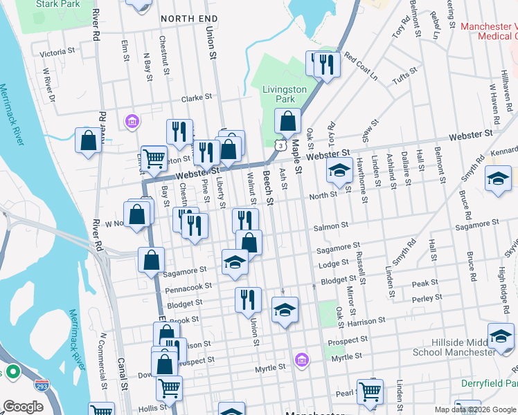 map of restaurants, bars, coffee shops, grocery stores, and more near 339 Walnut Street in Manchester