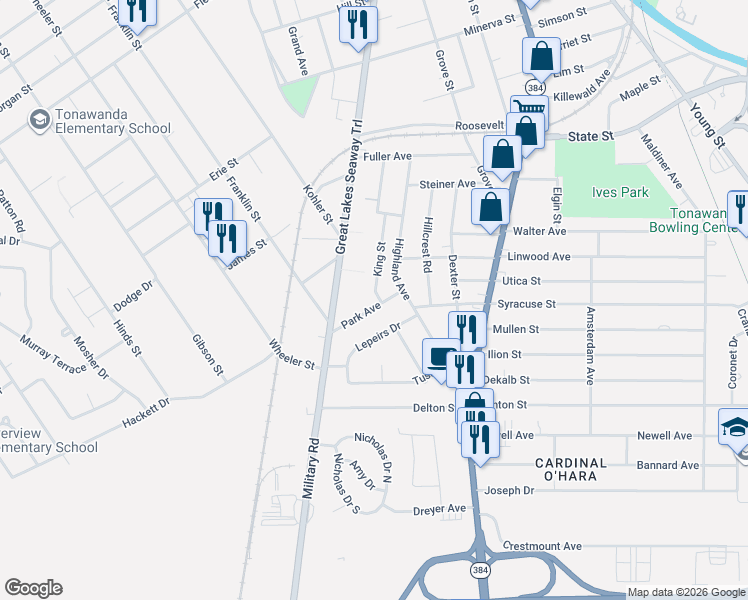 map of restaurants, bars, coffee shops, grocery stores, and more near 59 Park Avenue in Tonawanda