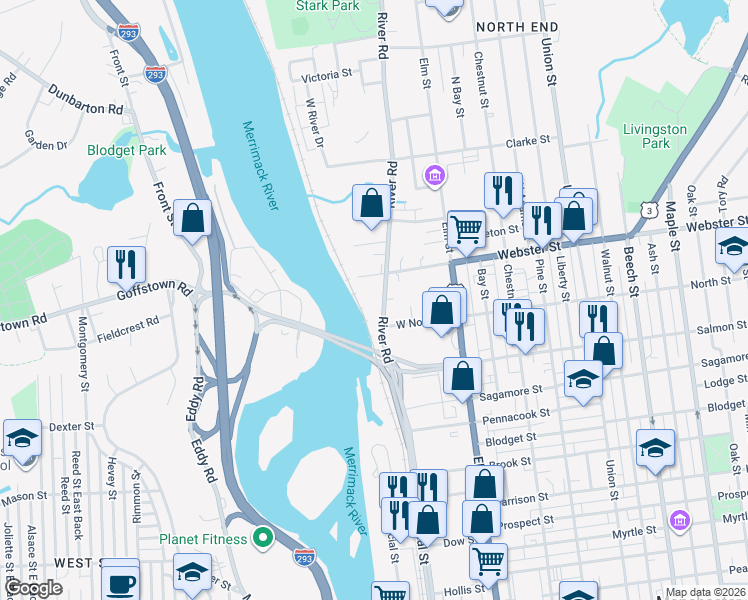 map of restaurants, bars, coffee shops, grocery stores, and more near 144 West Webster Street in Manchester