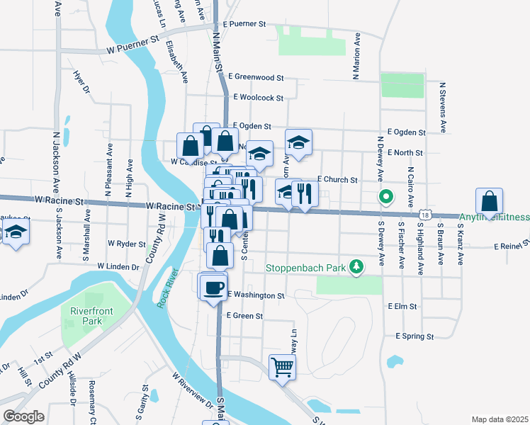 map of restaurants, bars, coffee shops, grocery stores, and more near 103 Whitewater Avenue in Jefferson
