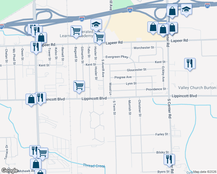 map of restaurants, bars, coffee shops, grocery stores, and more near 2027 Wood Lane in Flint