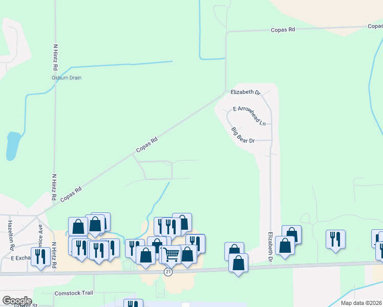 map of restaurants, bars, coffee shops, grocery stores, and more near 1931 Briarcliff Boulevard in Owosso