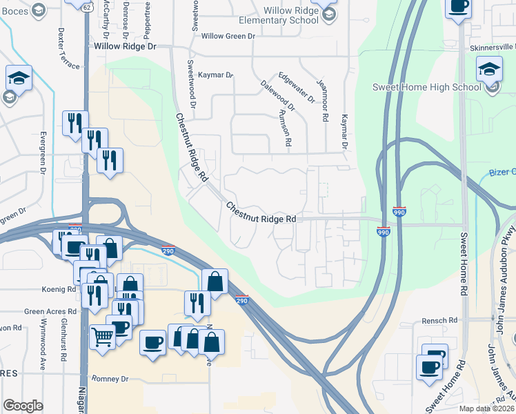 map of restaurants, bars, coffee shops, grocery stores, and more near 1410 Deer Lakes Drive in Buffalo