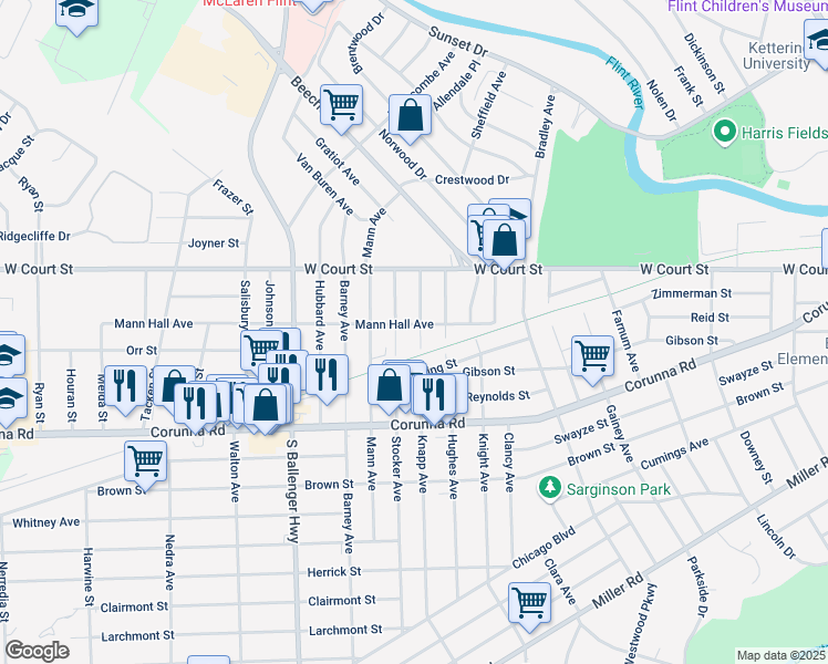 map of restaurants, bars, coffee shops, grocery stores, and more near 956 Knapp Avenue in Flint