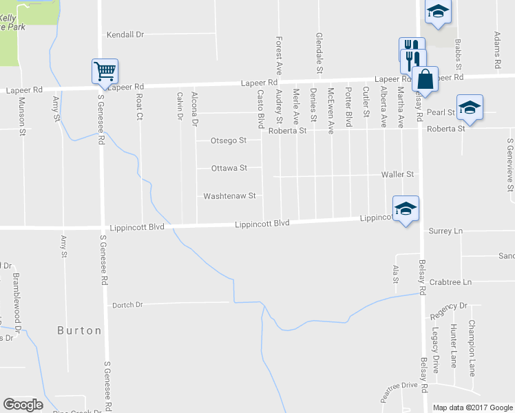 map of restaurants, bars, coffee shops, grocery stores, and more near 1490 Casto Boulevard in Burton