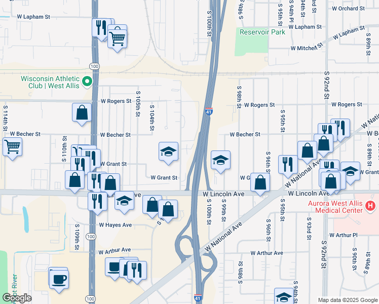 map of restaurants, bars, coffee shops, grocery stores, and more near 10119 West Grant Court in West Allis