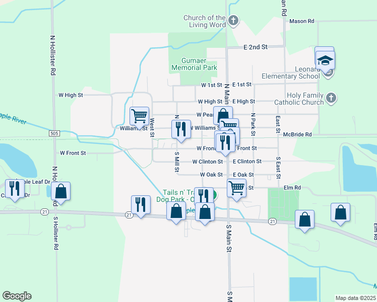 map of restaurants, bars, coffee shops, grocery stores, and more near 225 West Front Street in Ovid