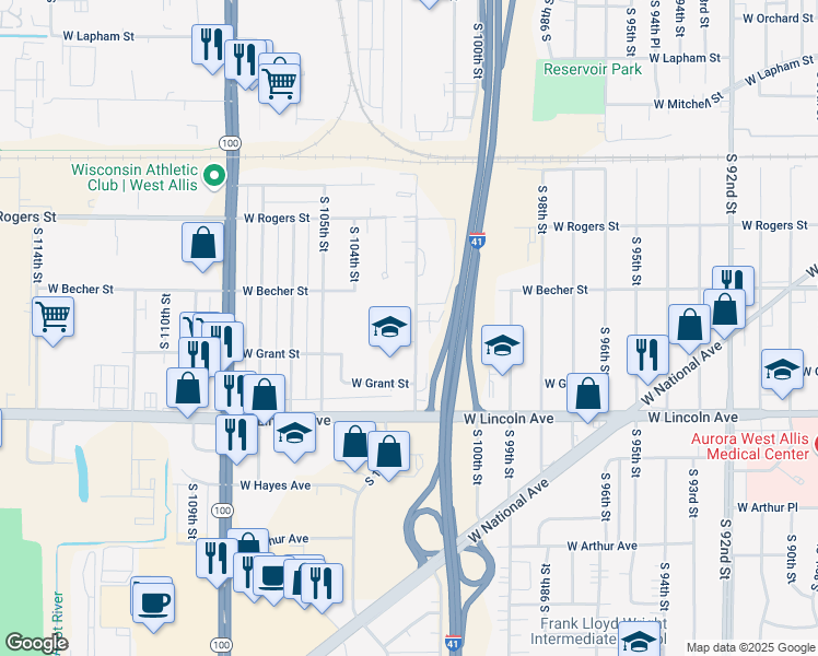 map of restaurants, bars, coffee shops, grocery stores, and more near 2147 South 102nd Street in West Allis