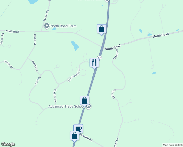 map of restaurants, bars, coffee shops, grocery stores, and more near 370 New Hampshire 125 in Brentwood
