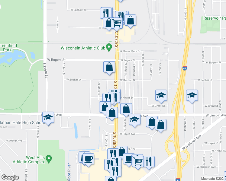 map of restaurants, bars, coffee shops, grocery stores, and more near 2149 South 108th Street in West Allis