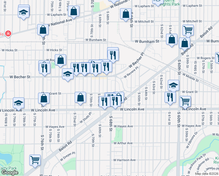 map of restaurants, bars, coffee shops, grocery stores, and more near 2160 South 68th Street in West Allis