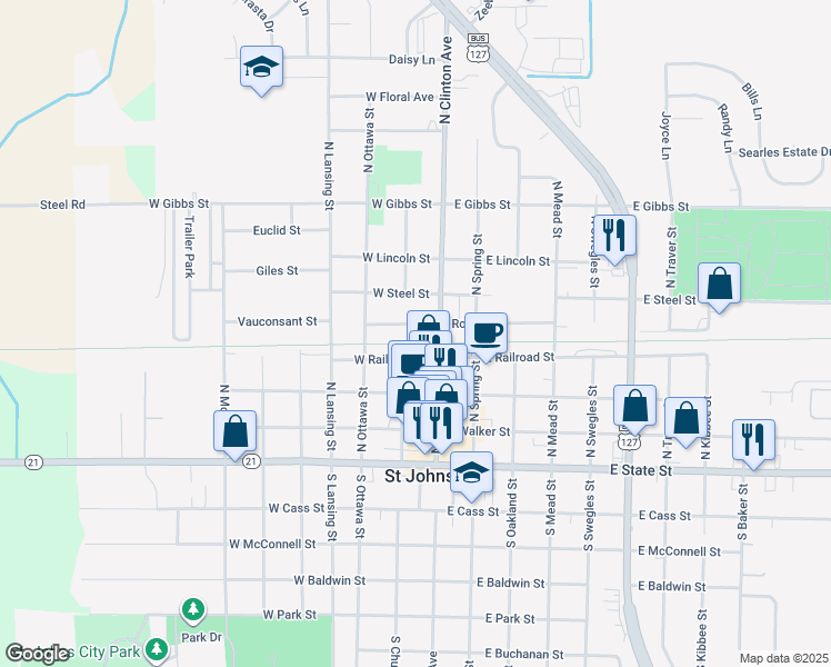 map of restaurants, bars, coffee shops, grocery stores, and more near 407 North Clinton Avenue in Saint Johns