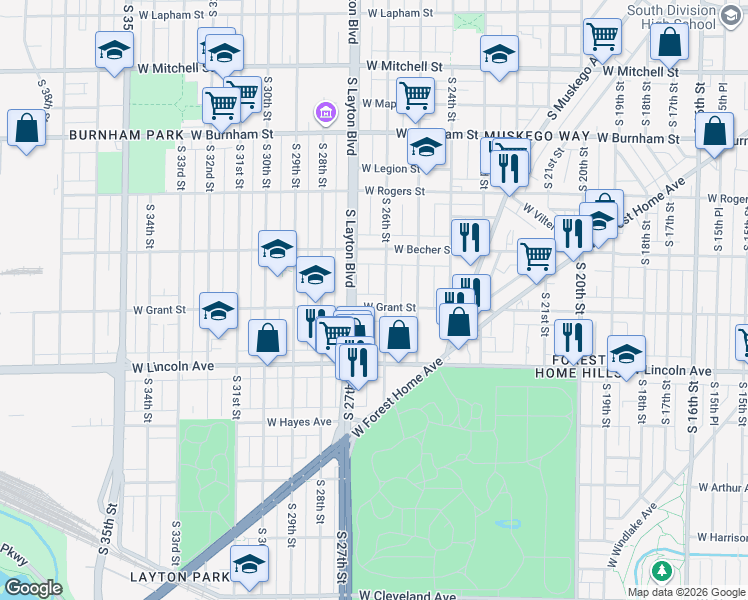 map of restaurants, bars, coffee shops, grocery stores, and more near 2174 South 26th Street in Milwaukee
