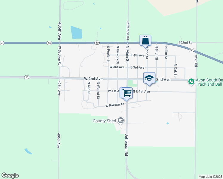 map of restaurants, bars, coffee shops, grocery stores, and more near 211 West 1st Avenue in Avon