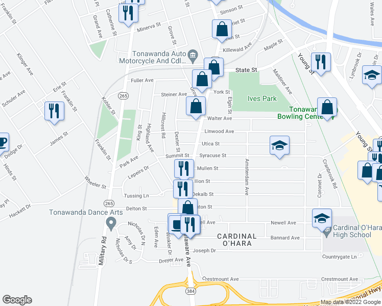 map of restaurants, bars, coffee shops, grocery stores, and more near 510 Delaware Street in Tonawanda