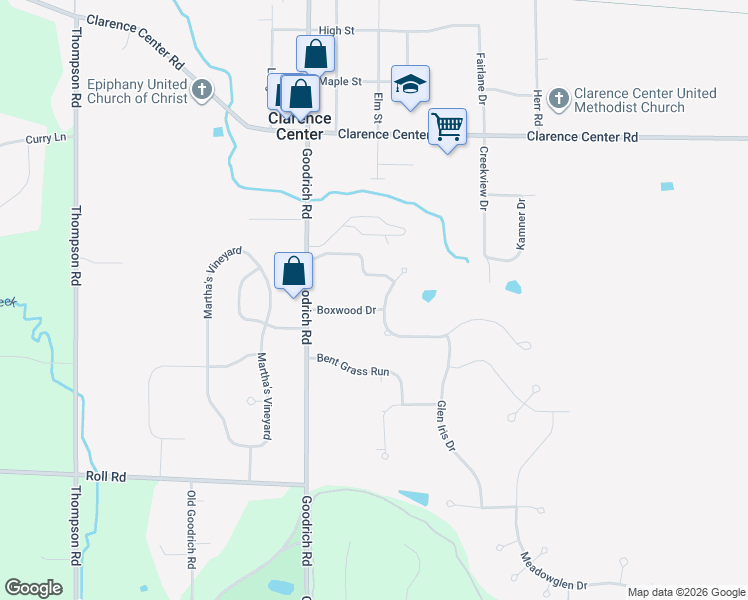 map of restaurants, bars, coffee shops, grocery stores, and more near 5800 Woodruff Drive in Clarence Center