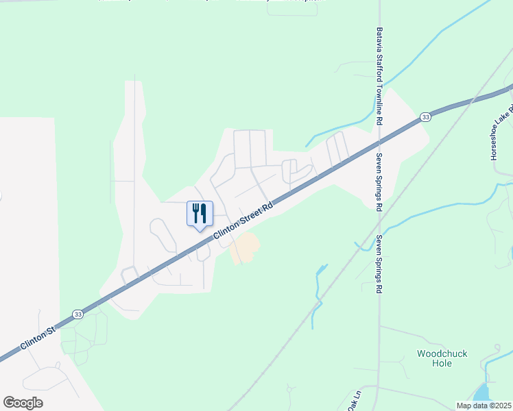 map of restaurants, bars, coffee shops, grocery stores, and more near 5153 Clinton Street Road in Batavia