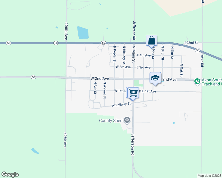 map of restaurants, bars, coffee shops, grocery stores, and more near 307 West 1st Avenue in Avon