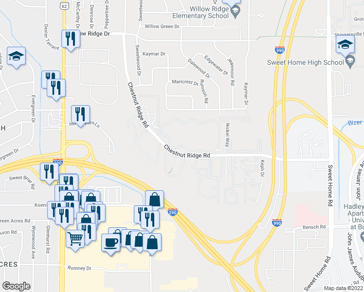 map of restaurants, bars, coffee shops, grocery stores, and more near Deer Lakes Drive in Amherst