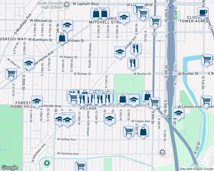 map of restaurants, bars, coffee shops, grocery stores, and more near 2166-2168 South 11th Street in Milwaukee