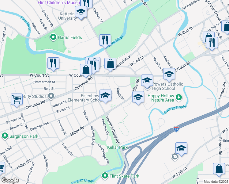 map of restaurants, bars, coffee shops, grocery stores, and more near 1103 South Drive in Flint