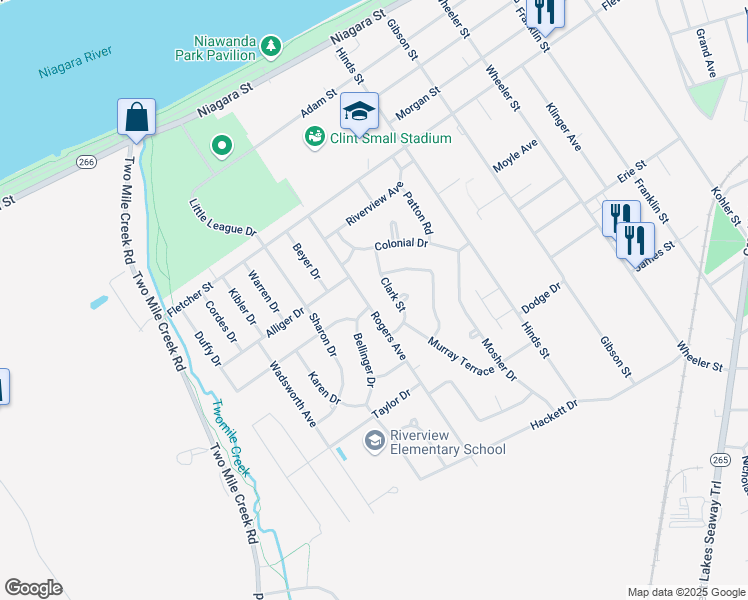 map of restaurants, bars, coffee shops, grocery stores, and more near 195 Rogers Avenue in Tonawanda