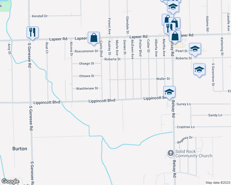 map of restaurants, bars, coffee shops, grocery stores, and more near 1501 Merle Avenue in Burton