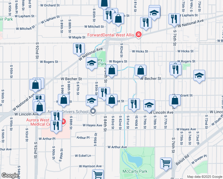 map of restaurants, bars, coffee shops, grocery stores, and more near 2149 South 83rd Street in West Allis