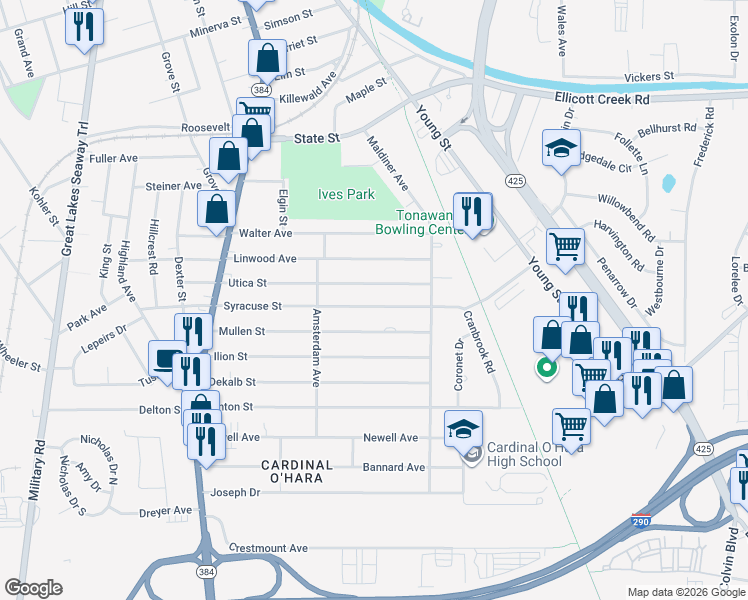 map of restaurants, bars, coffee shops, grocery stores, and more near 179 Syracuse Street in Tonawanda