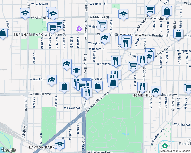map of restaurants, bars, coffee shops, grocery stores, and more near 2174 South 26th Street in Milwaukee