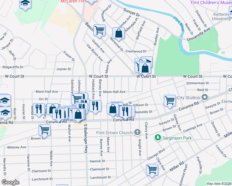 map of restaurants, bars, coffee shops, grocery stores, and more near 951 Stocker Avenue in Flint