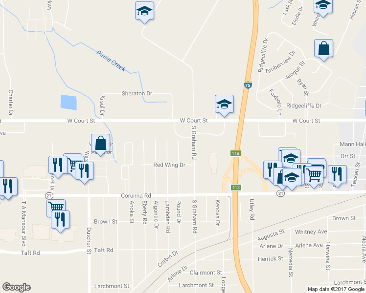 map of restaurants, bars, coffee shops, grocery stores, and more near 1537 Pound Drive in Flint