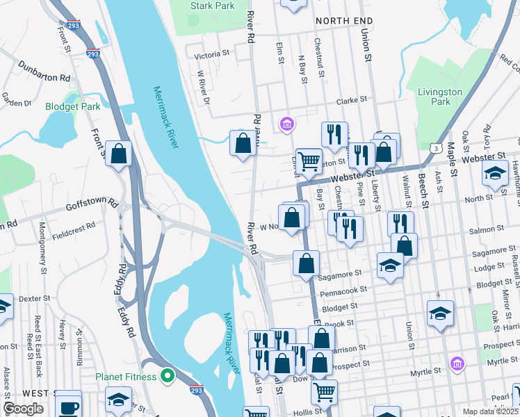 map of restaurants, bars, coffee shops, grocery stores, and more near 24 West North Court in Manchester