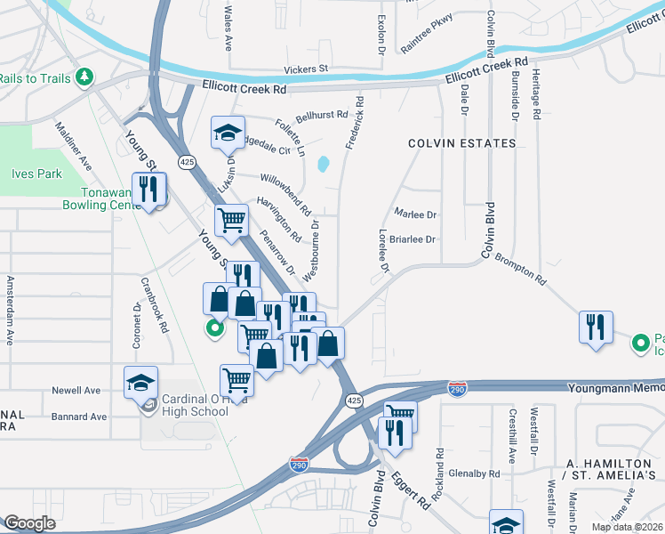map of restaurants, bars, coffee shops, grocery stores, and more near 49 Westbourne Drive in Tonawanda