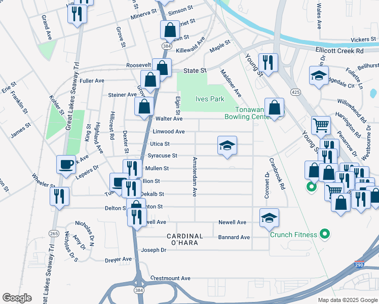 map of restaurants, bars, coffee shops, grocery stores, and more near 92 Syracuse Street in Tonawanda