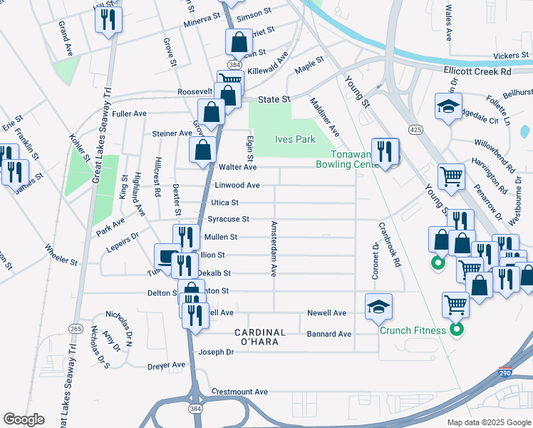 map of restaurants, bars, coffee shops, grocery stores, and more near 92 Syracuse Street in Tonawanda