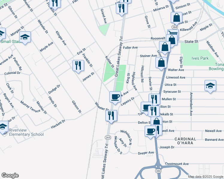 map of restaurants, bars, coffee shops, grocery stores, and more near 443 Franklin Street in Tonawanda