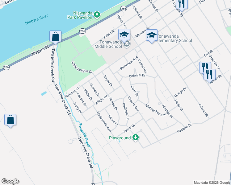 map of restaurants, bars, coffee shops, grocery stores, and more near 65 Sharon Drive in Tonawanda