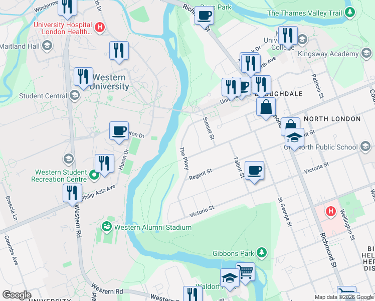 map of restaurants, bars, coffee shops, grocery stores, and more near 1102 The Parkway in London